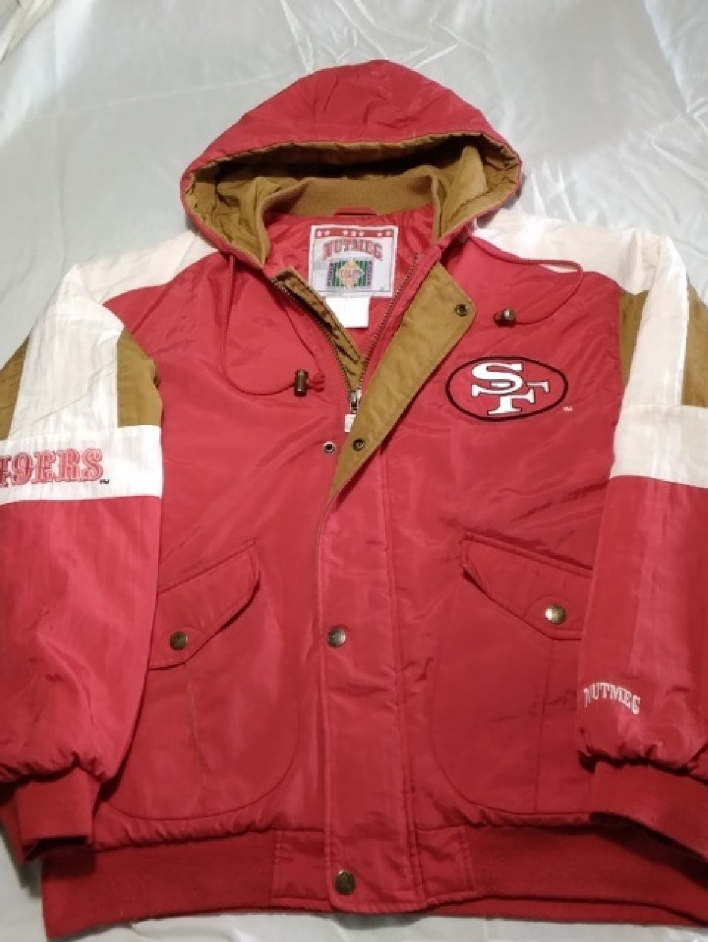 Vintage 1990's San Francisco 49ers Nutmeg Red Hooded Puffer Jacket , L , $185
